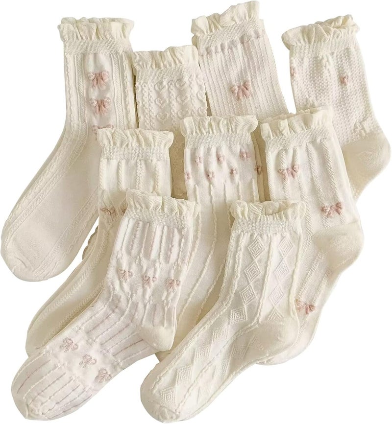MarJunSep Cute Floral Crew Socks for Women Teen Girls Flower Cottagecore Frilly Vintage Fancy Cotton Socks - Image 1